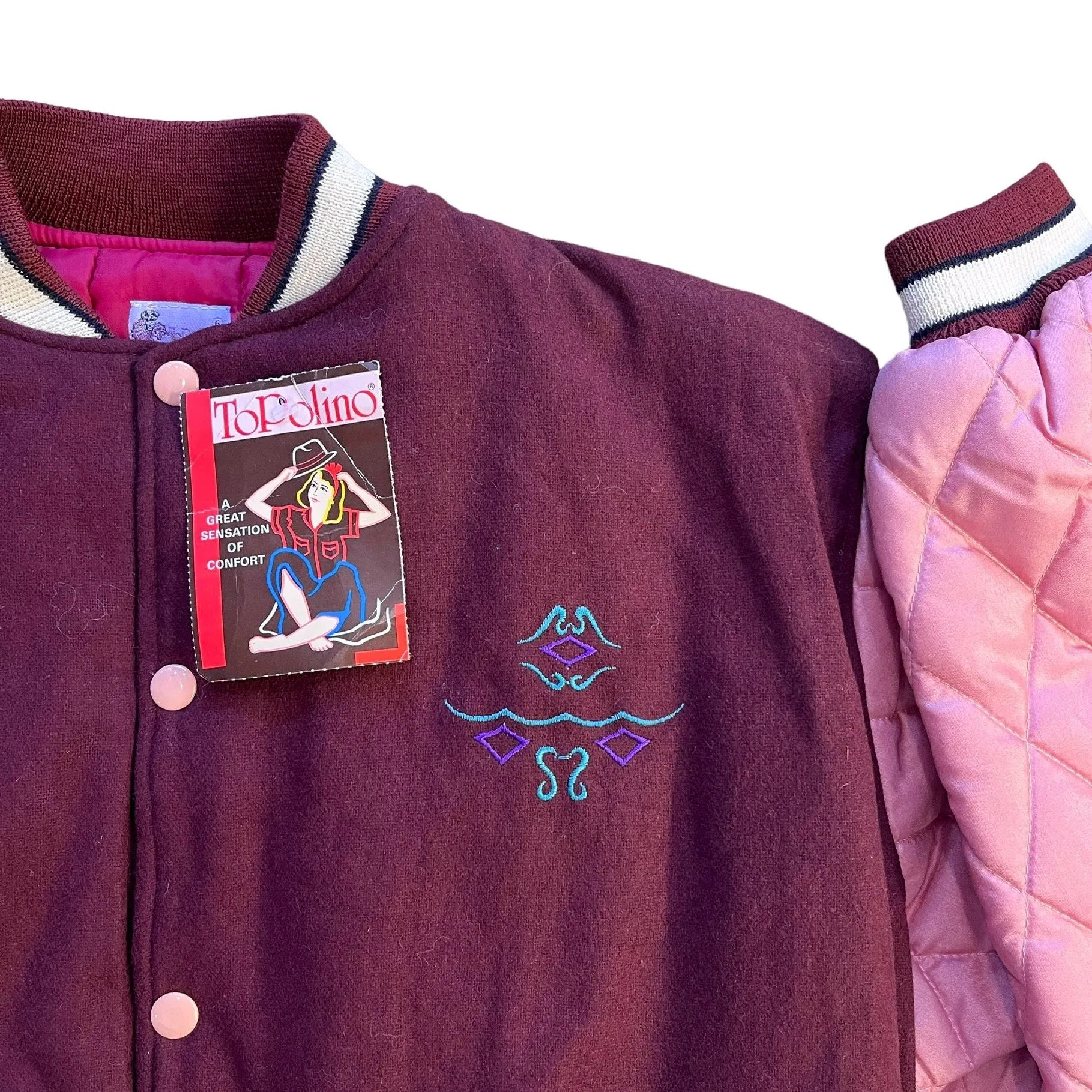 1980's Pink Padded Wool Varsity Jacket  10-12Y