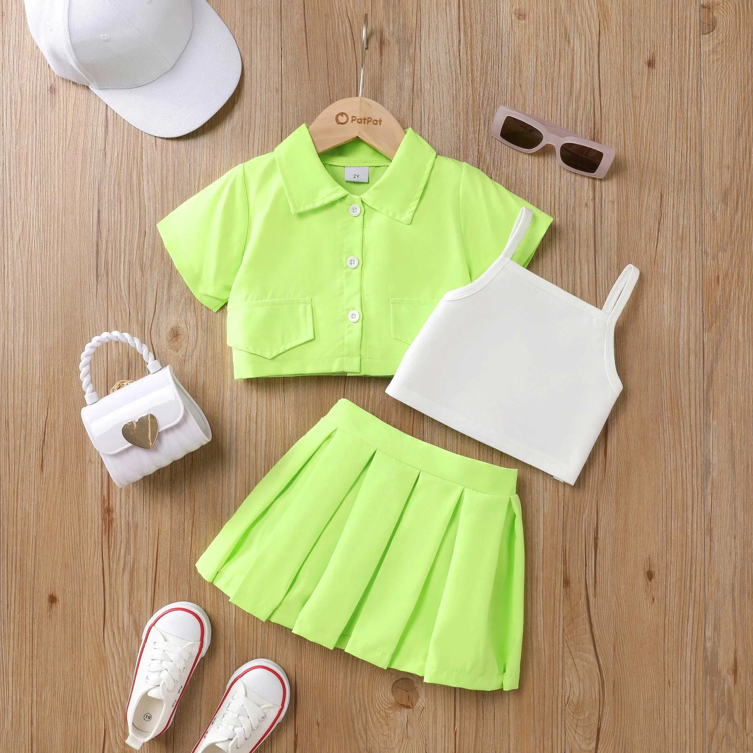 Avant-Garde Suit Dress With Lapel, Solid Color, Short Sleeve - Toddler Girl (3Pcs)