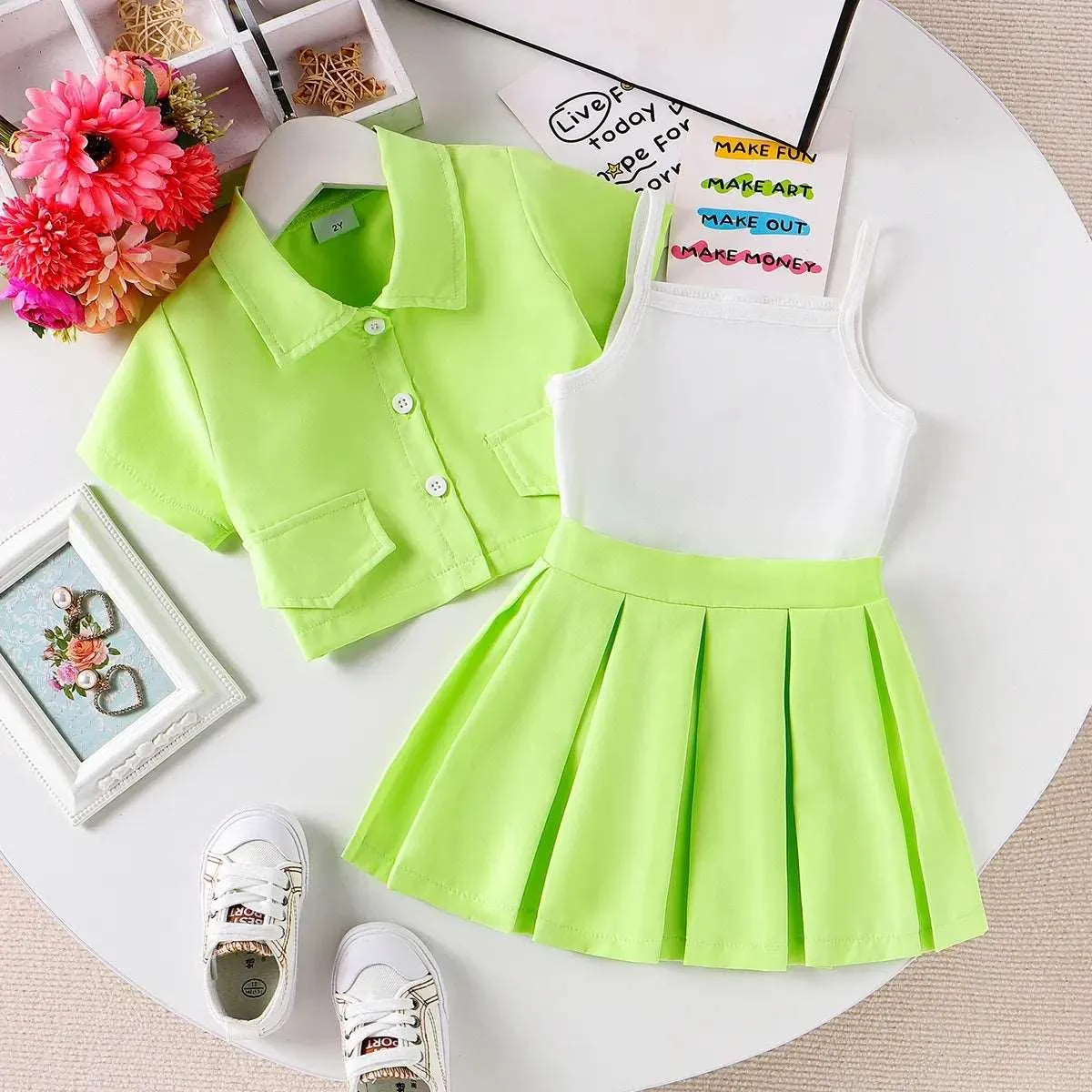 Avant-Garde Suit Dress With Lapel, Solid Color, Short Sleeve - Toddler Girl (3Pcs)