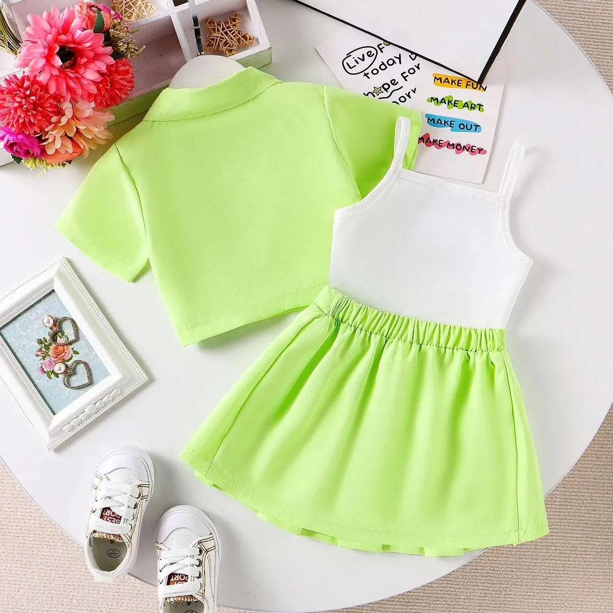 Avant-Garde Suit Dress With Lapel, Solid Color, Short Sleeve - Toddler Girl (3Pcs)