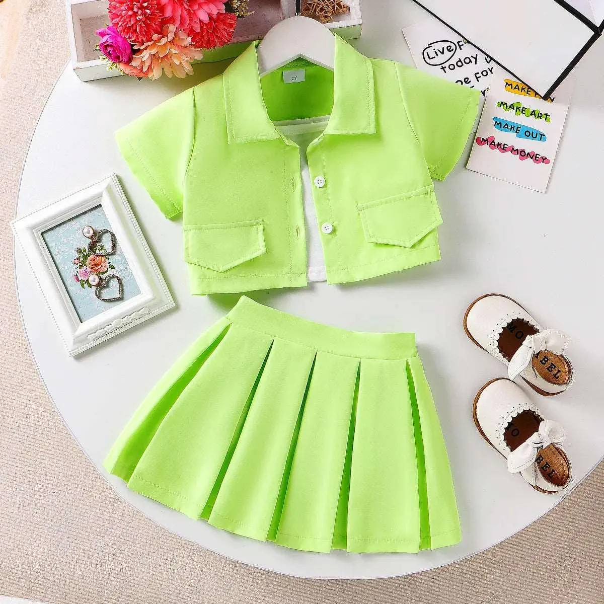 Avant-Garde Suit Dress With Lapel, Solid Color, Short Sleeve - Toddler Girl (3Pcs)