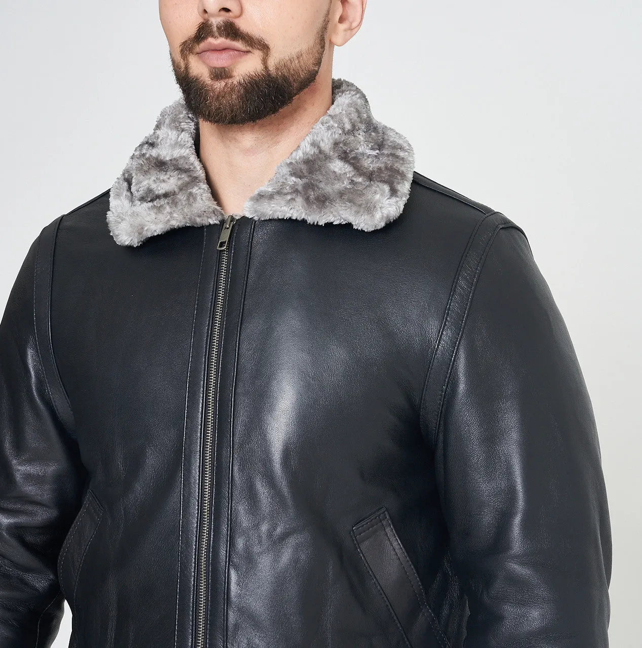 Aviator RAF  Synthetic Shearling Grey Warm Fur Men's Leather Jacket