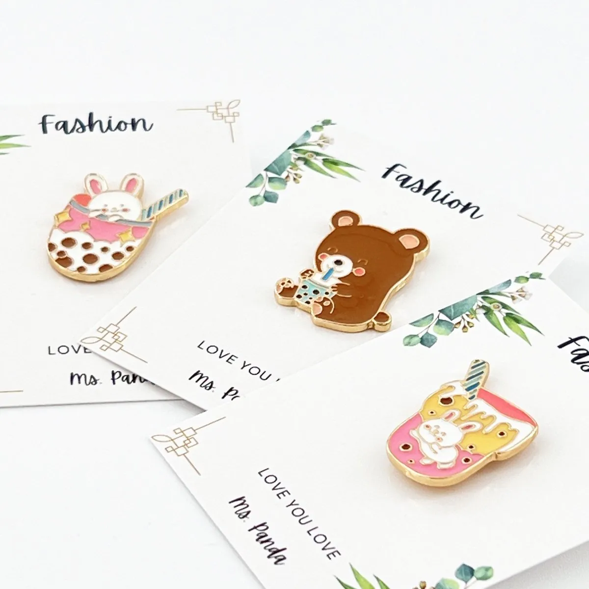 Boba Pins Cute Cartoon Bear Bunny Bubble Tea Enamel Pins