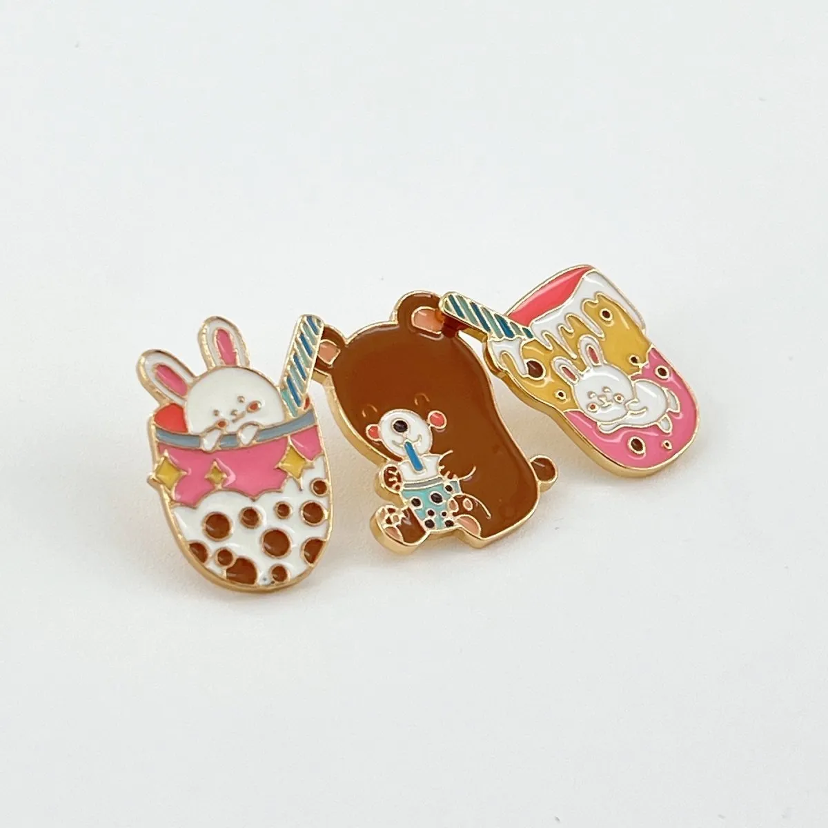 Boba Pins Cute Cartoon Bear Bunny Bubble Tea Enamel Pins