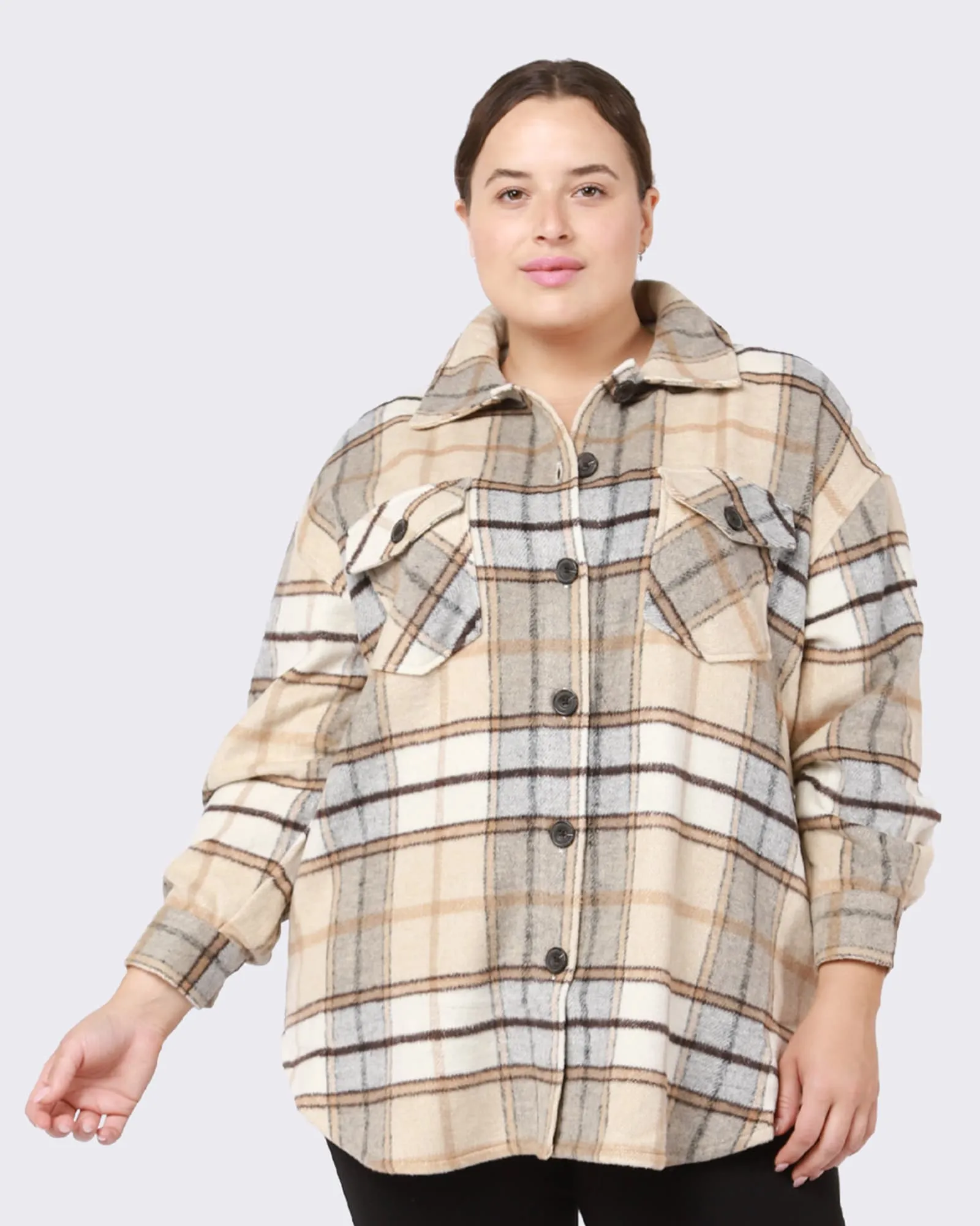 Brylee Plaid Snap Front Shacket | Tan / Black