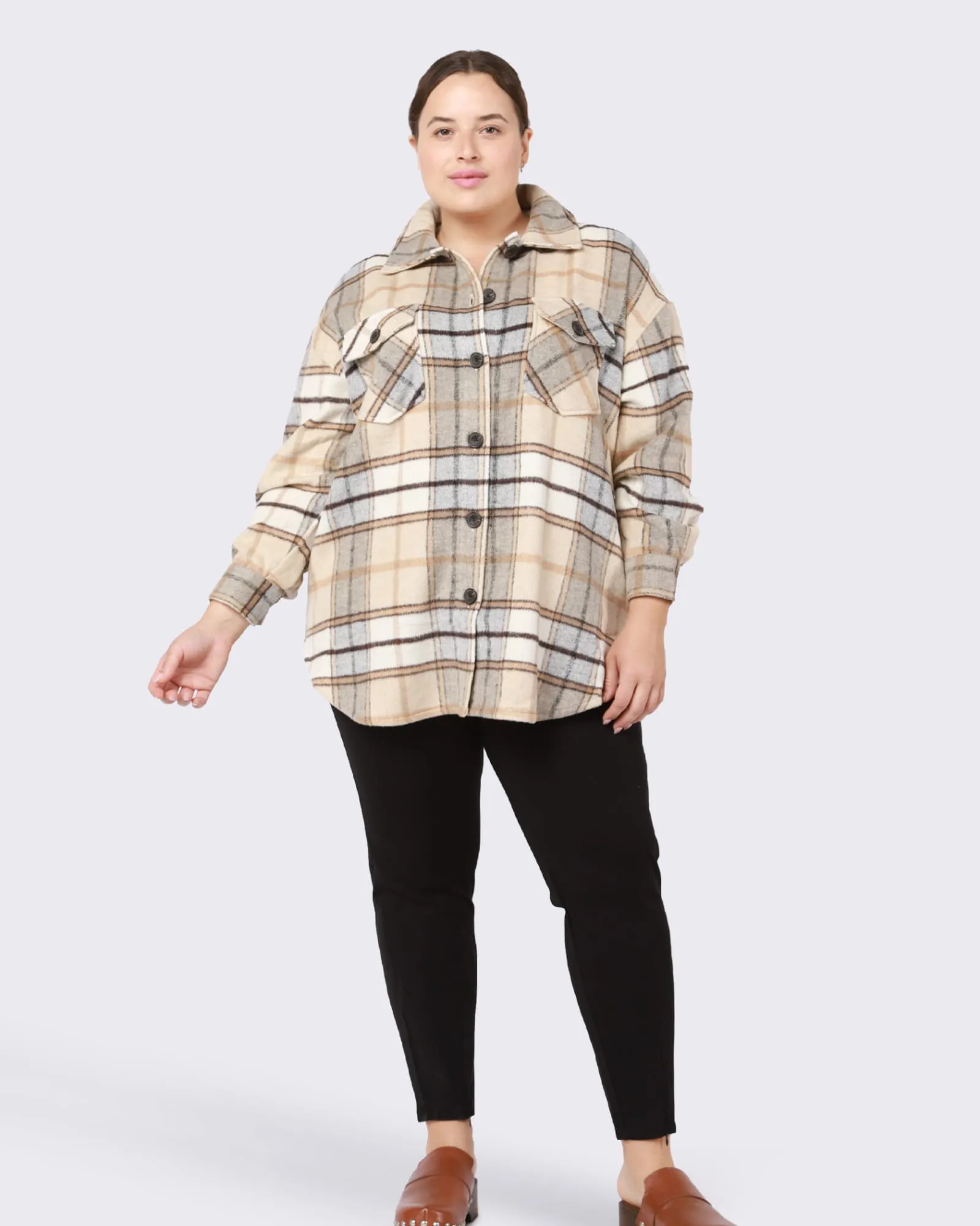 Brylee Plaid Snap Front Shacket | Tan / Black