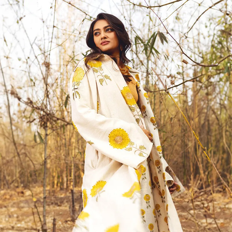 Cotton Jacket For Women | Full Length | Sunflower Block Printed | Yellow