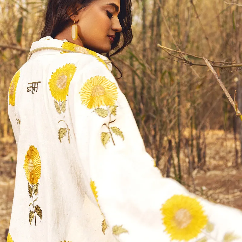 Cotton Jacket For Women | Full Length | Sunflower Block Printed | Yellow