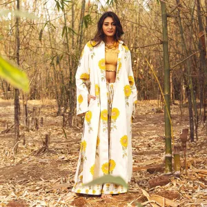 Cotton Jacket For Women | Full Length | Sunflower Block Printed | Yellow