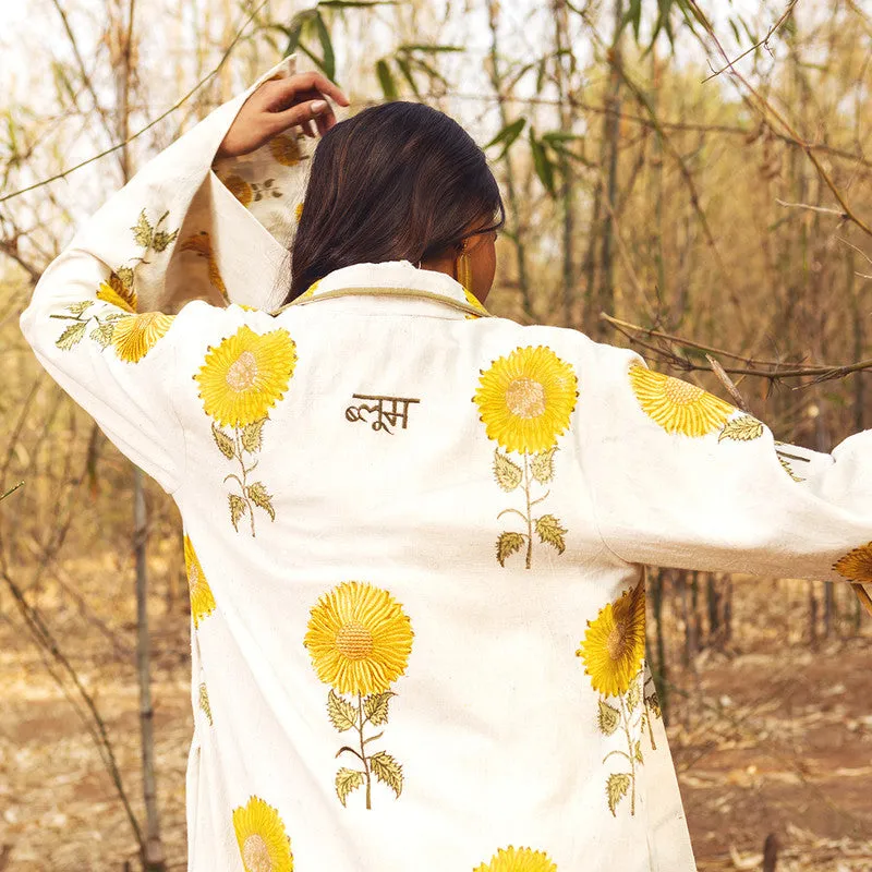 Cotton Jacket For Women | Full Length | Sunflower Block Printed | Yellow