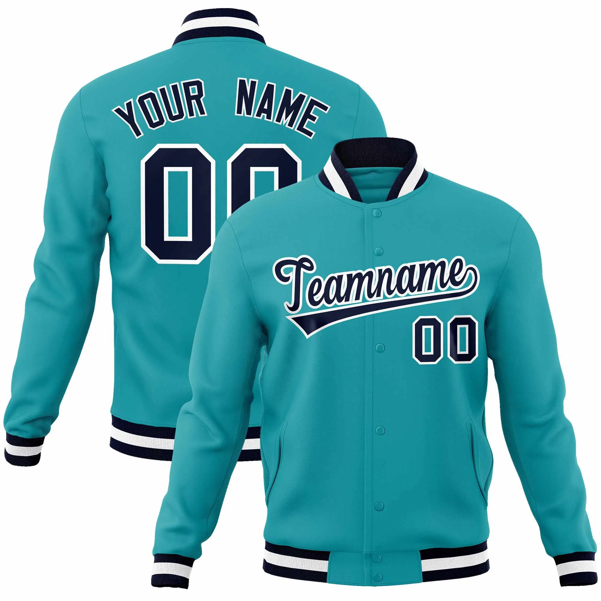 Custom Aqua Navy-White Classic Style Varsity Full-Snap Letterman Jacket