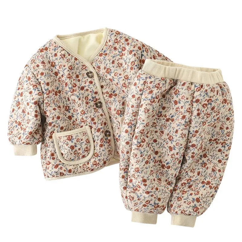 Floral Cotton V-Neck Jacket & Joggers Set for Girls