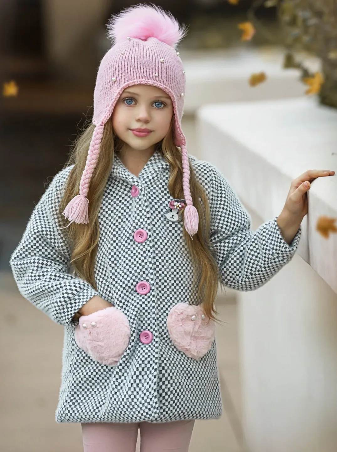 Girls Medium Long Wool Hooded with Fluffy Pockets Coat