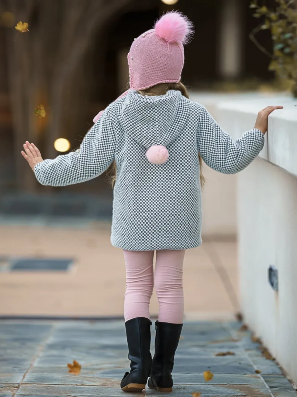 Girls Medium Long Wool Hooded with Fluffy Pockets Coat