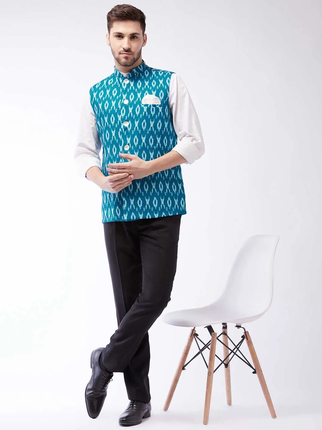 Jashvi Men's Turquoise Cotton Nehru Jacket