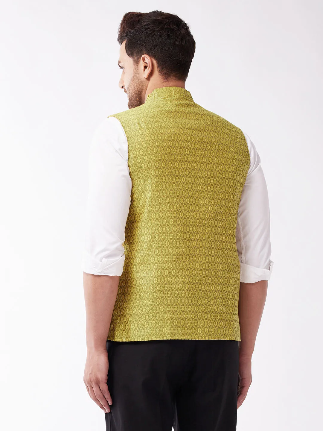 Jashvi Men's Yellow Jacquard Nehru Jacket