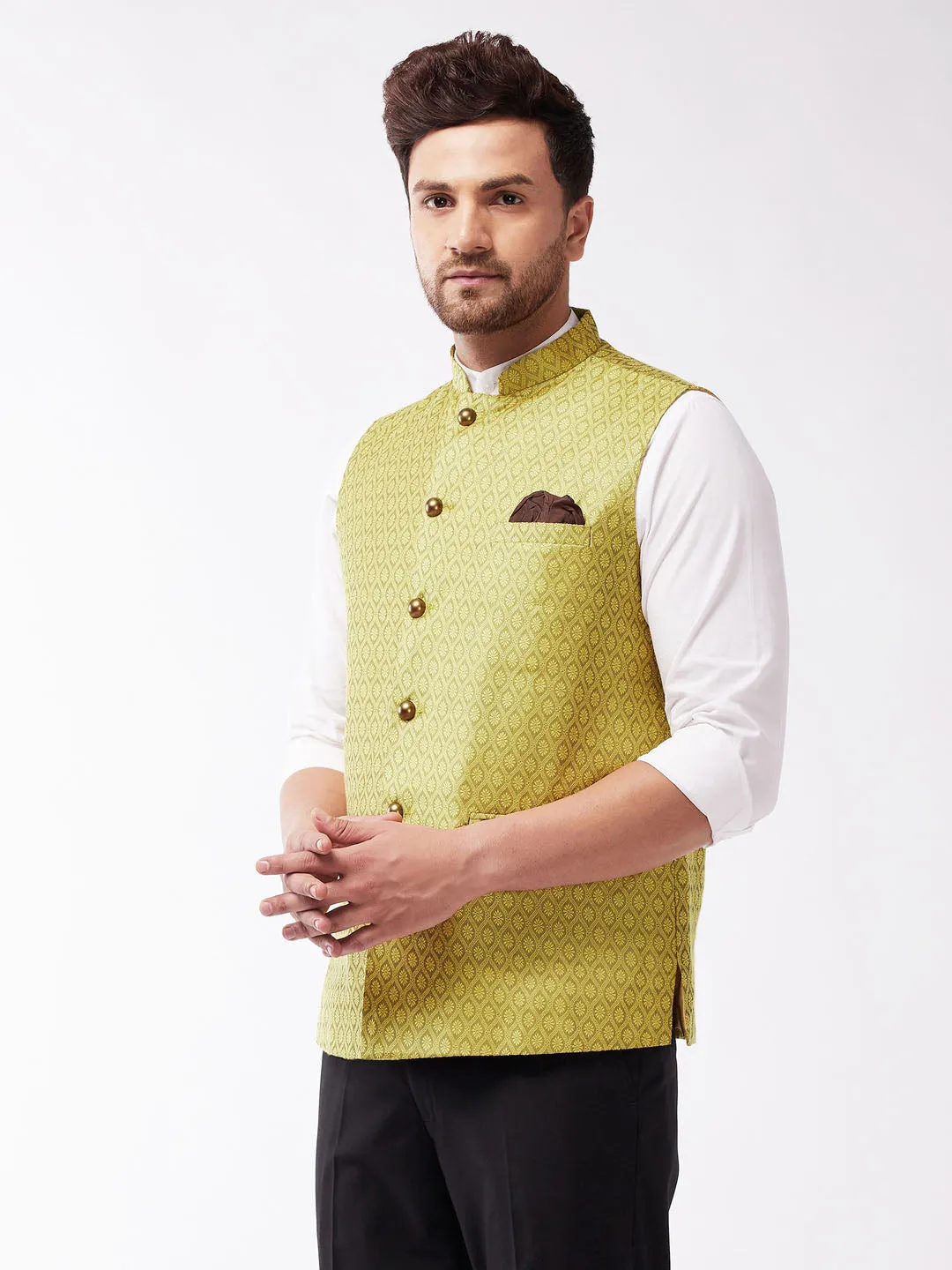 Jashvi Men's Yellow Jacquard Nehru Jacket