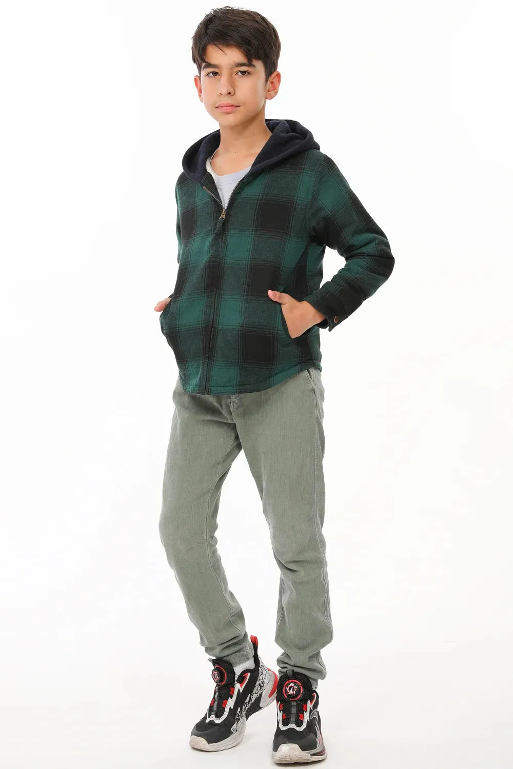 Kids Sherpa-Lined Zip Up Flannel Shirt,Hooded Plaid