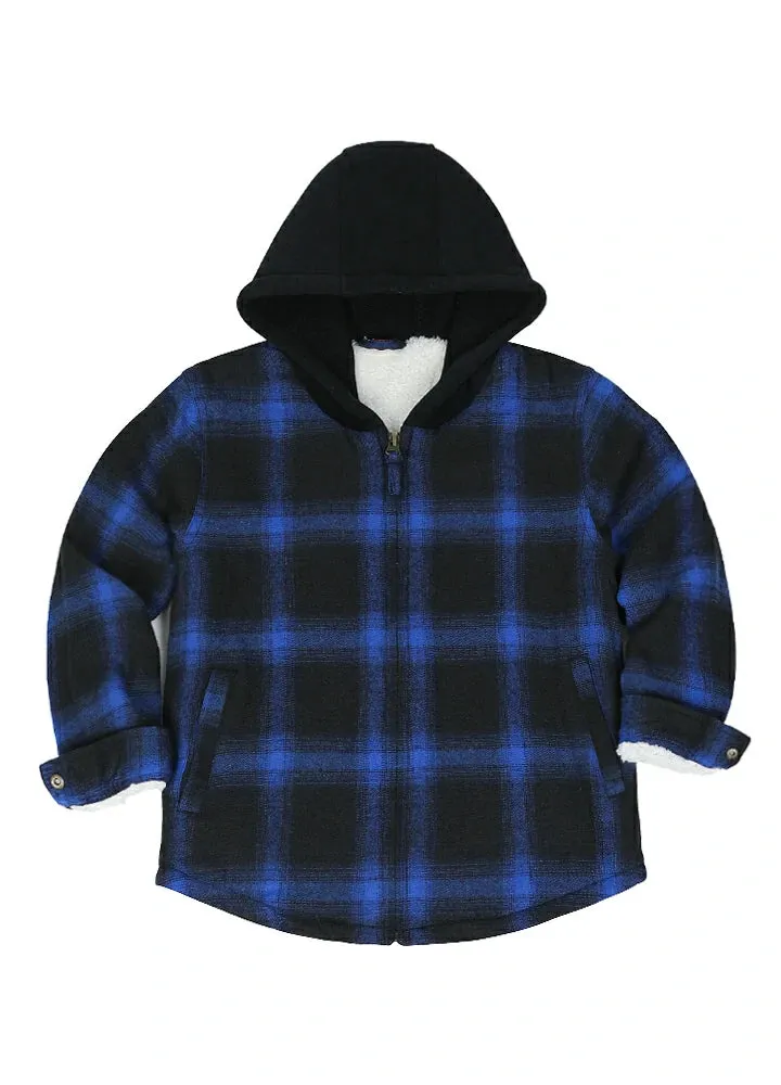 Kids Sherpa-Lined Zip Up Flannel Shirt,Hooded Plaid