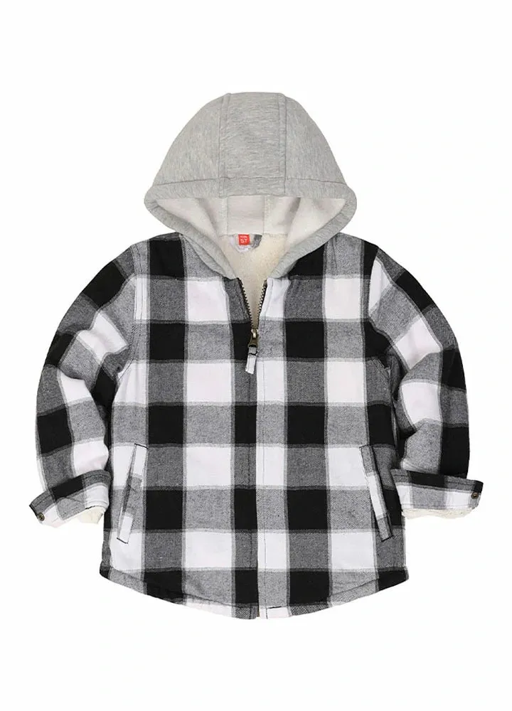 Kids Sherpa-Lined Zip Up Flannel Shirt,Hooded Plaid