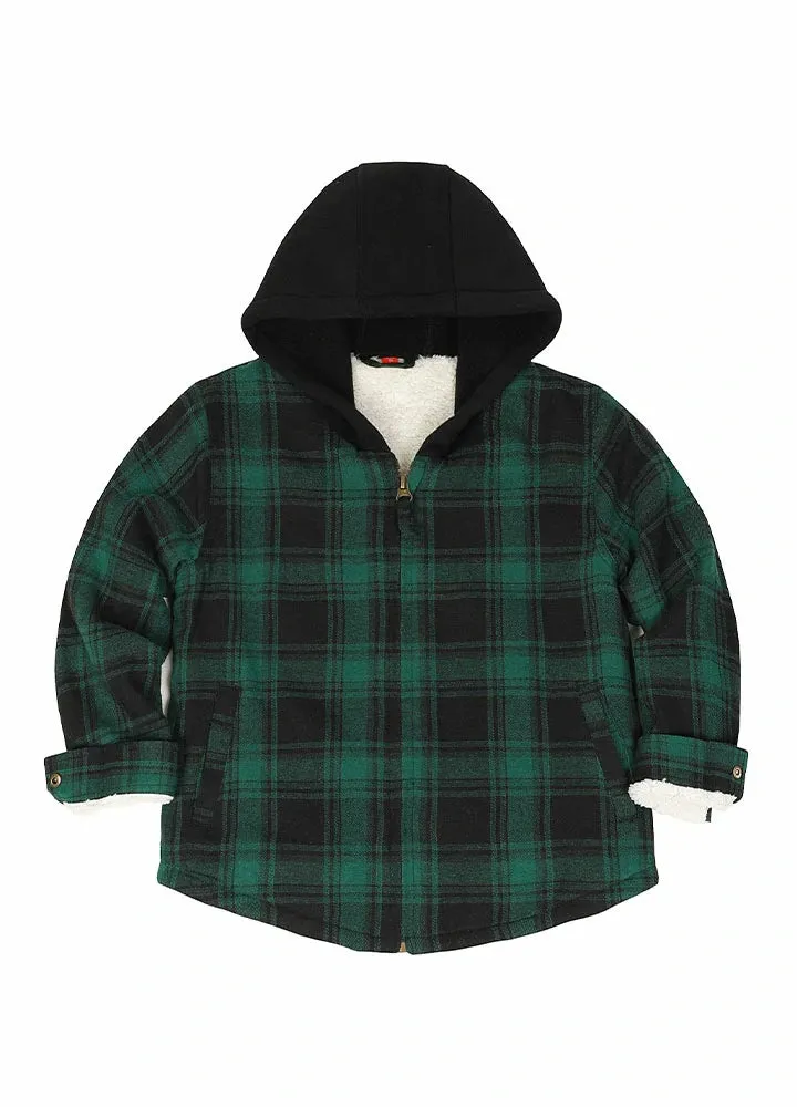 Kids Sherpa-Lined Zip Up Flannel Shirt,Hooded Plaid