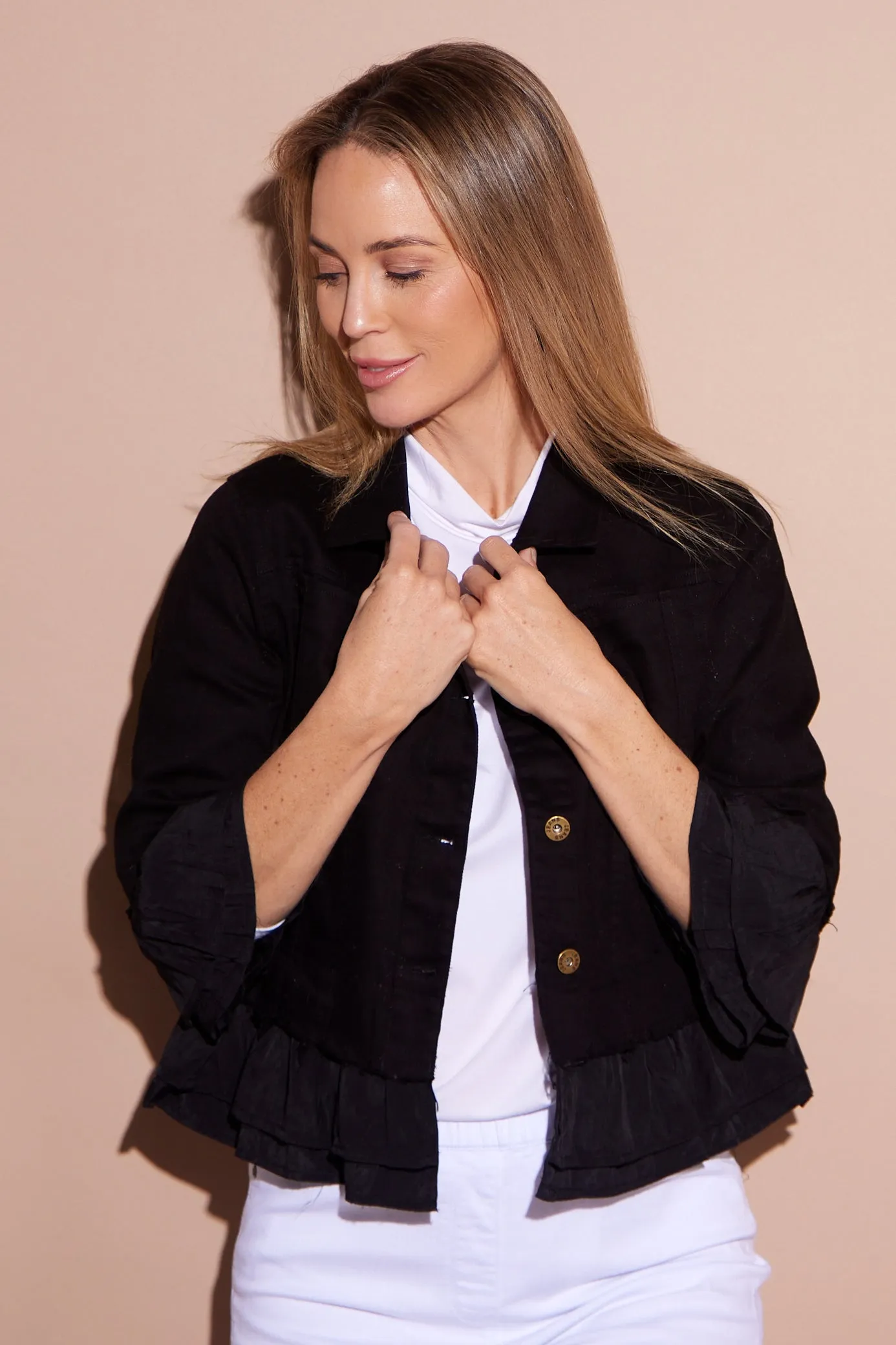 Leelah Cropped Ruffle Denim Jacket - Black