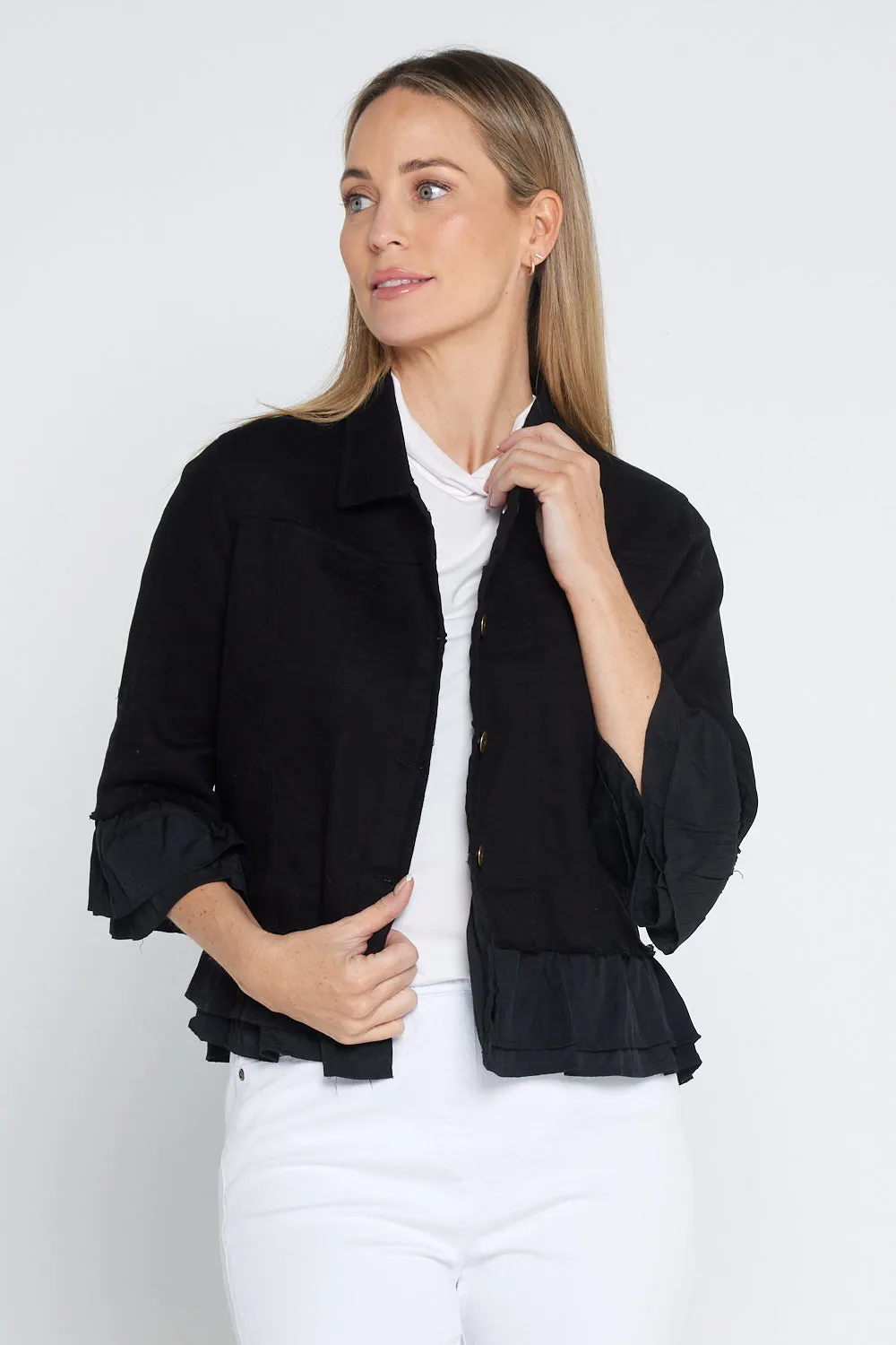 Leelah Cropped Ruffle Denim Jacket - Black