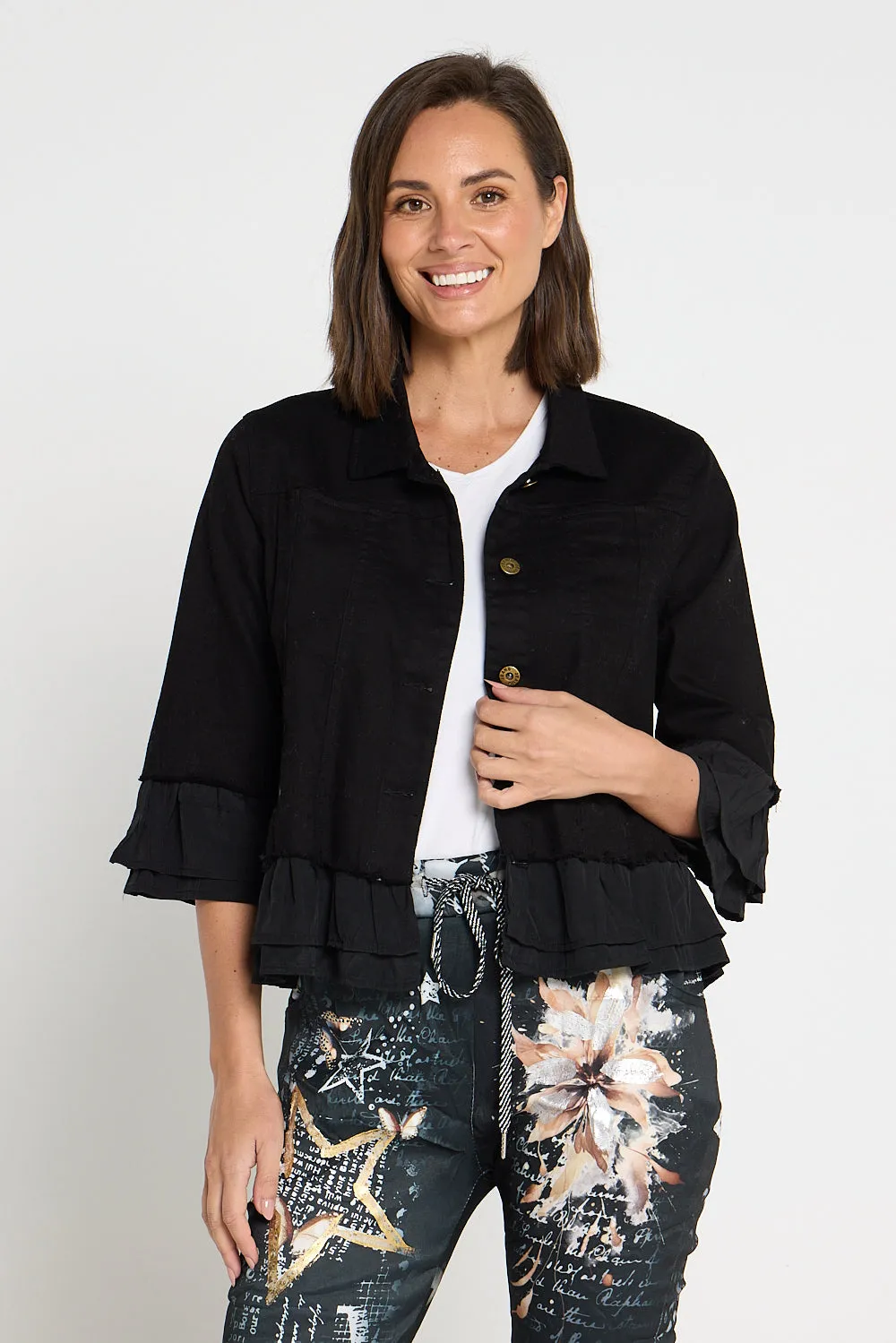 Leelah Cropped Ruffle Denim Jacket - Black