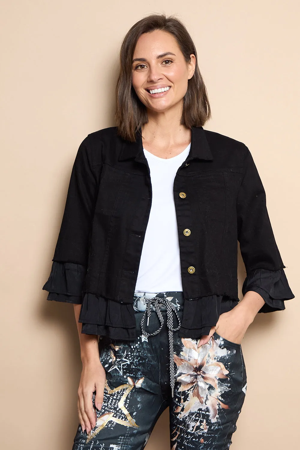 Leelah Cropped Ruffle Denim Jacket - Black