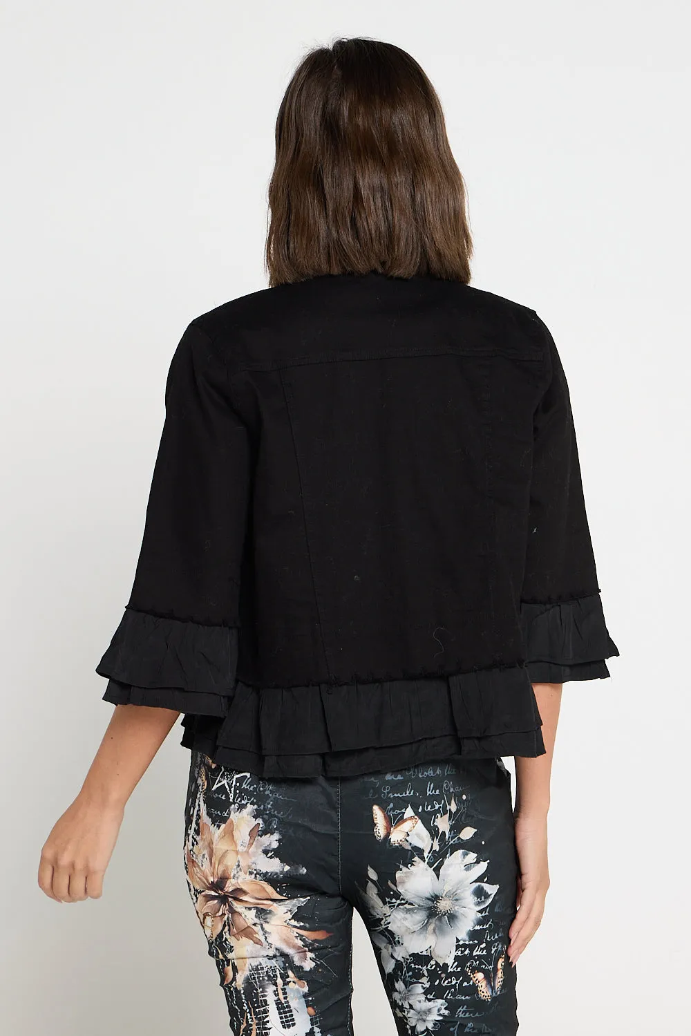 Leelah Cropped Ruffle Denim Jacket - Black