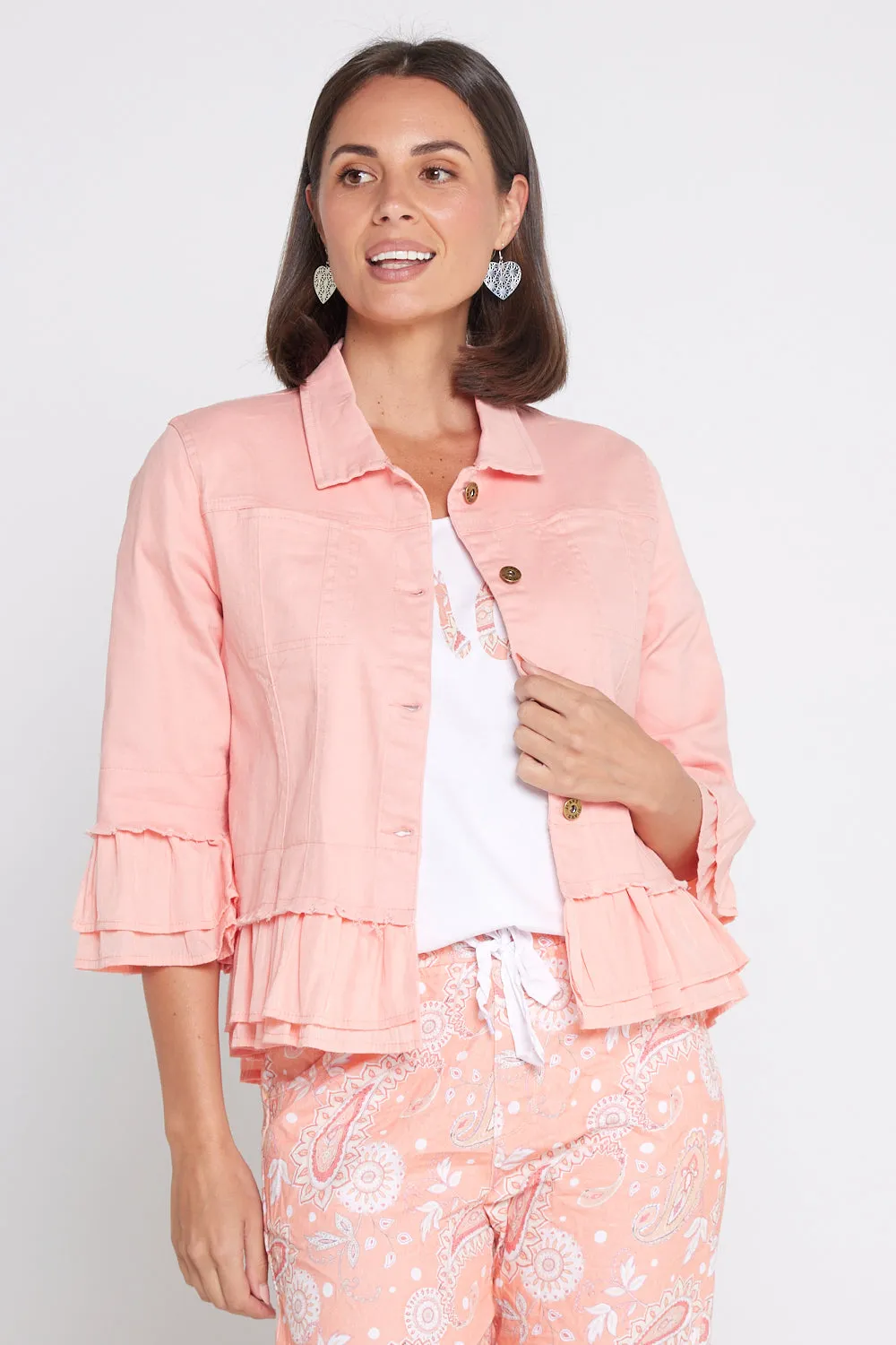 Leelah Cropped Ruffle Denim Jacket - Peach