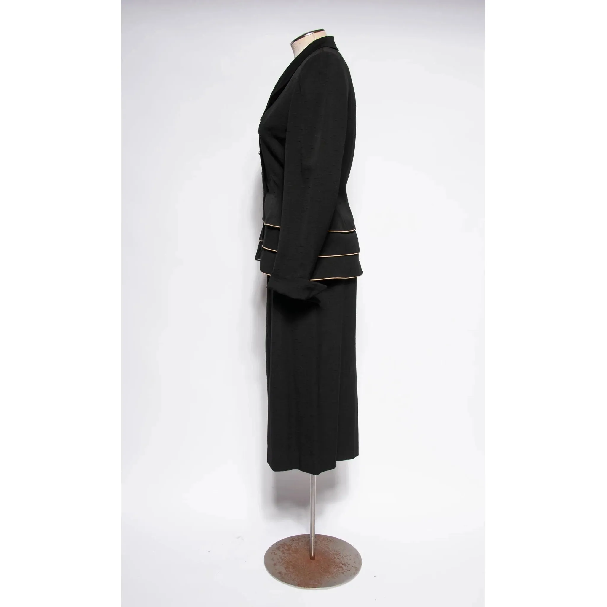 LILLI ANN DOCUMENTED 1953 Black Ripple Wool "New Look" Skirt Suit | Size M/L