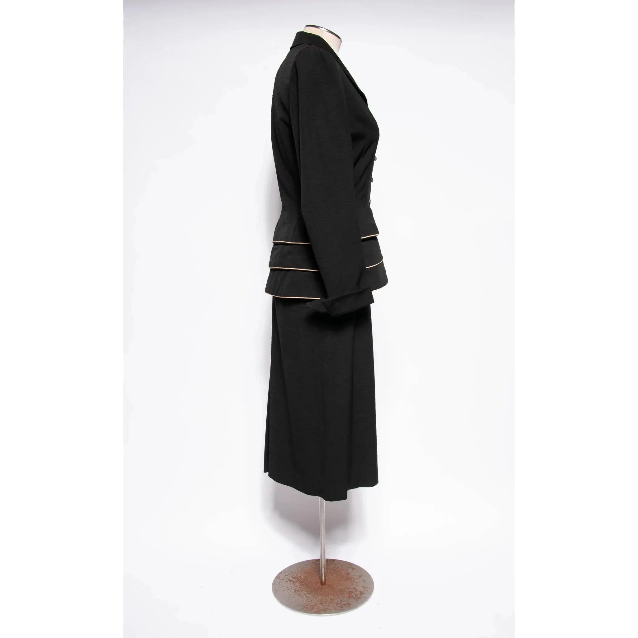 LILLI ANN DOCUMENTED 1953 Black Ripple Wool "New Look" Skirt Suit | Size M/L