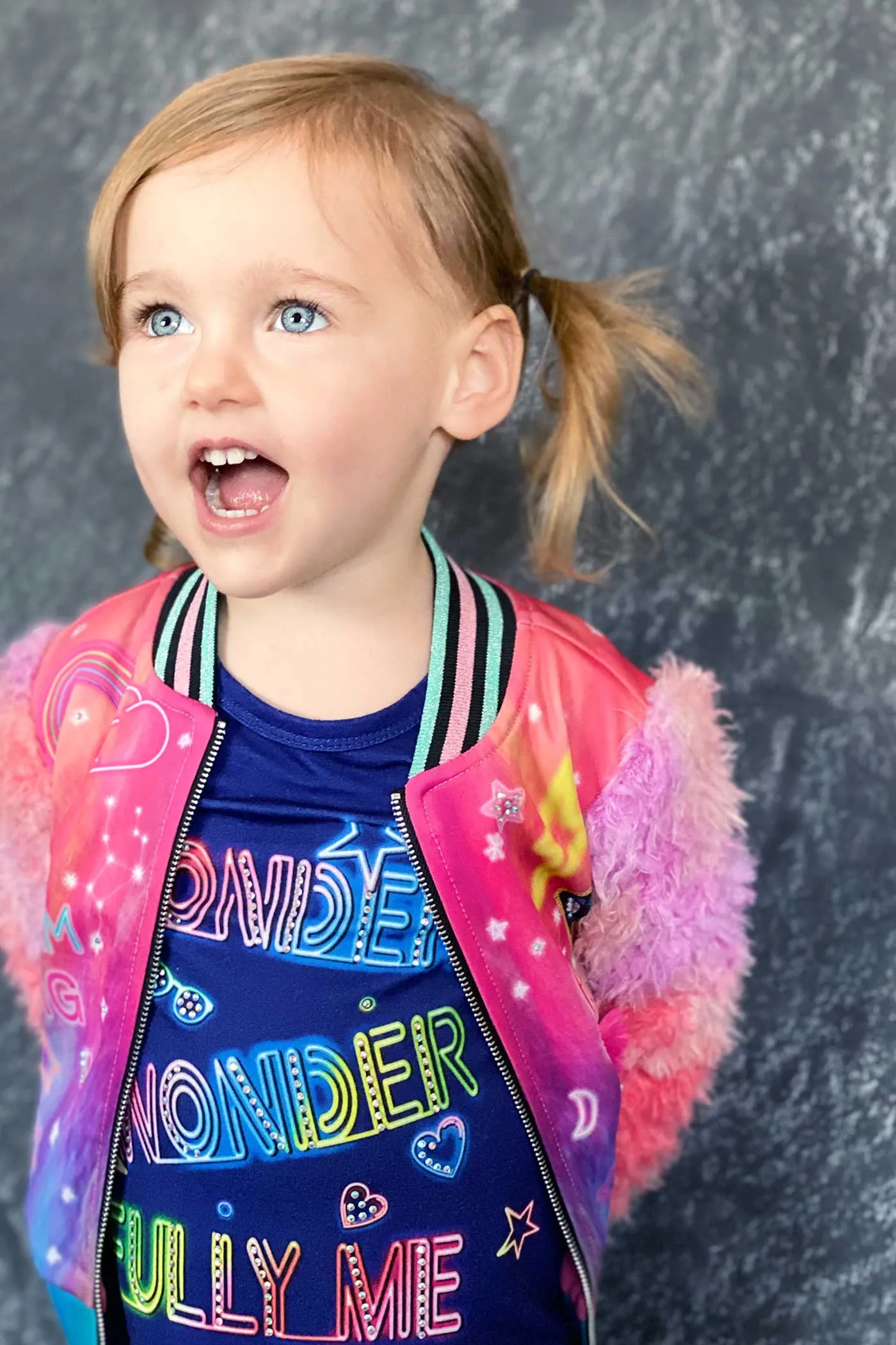 Little Girls All Over Print Fuzzy Sleeve Bomber Jacket