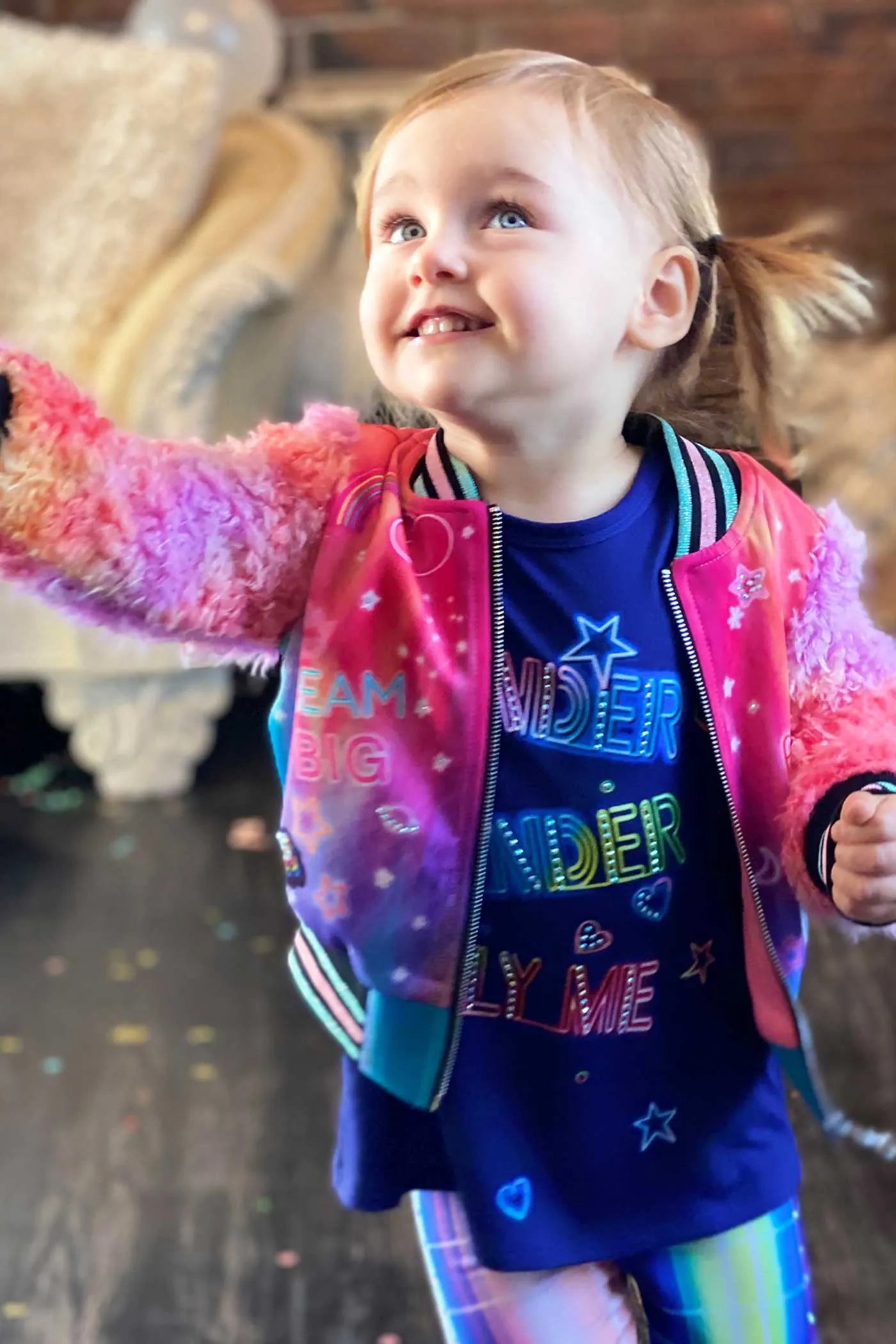 Little Girls All Over Print Fuzzy Sleeve Bomber Jacket