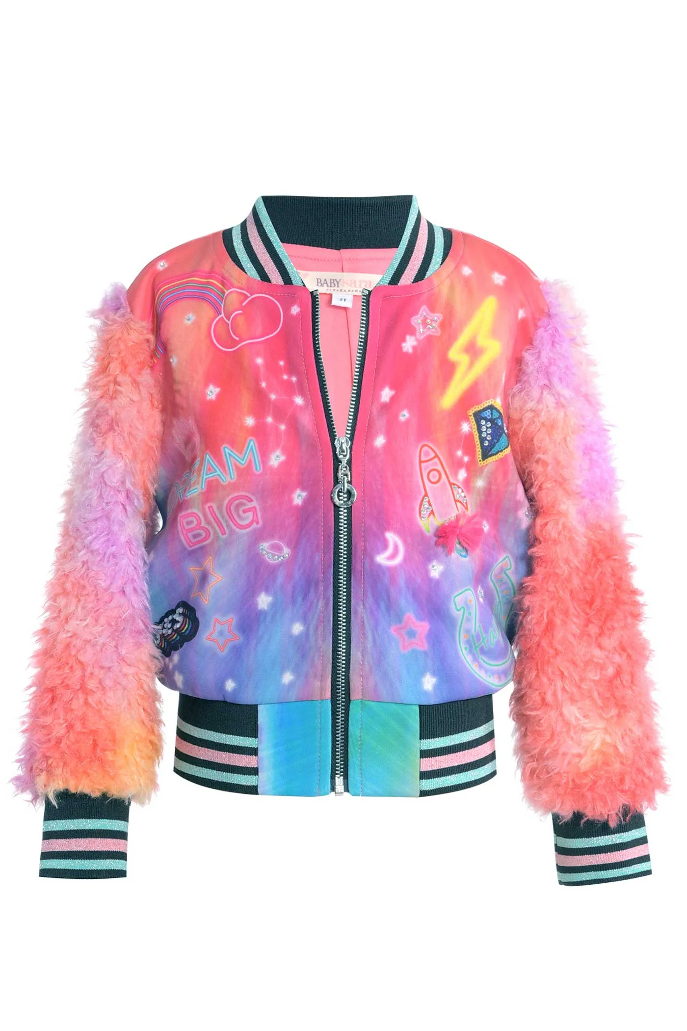 Little Girls All Over Print Fuzzy Sleeve Bomber Jacket