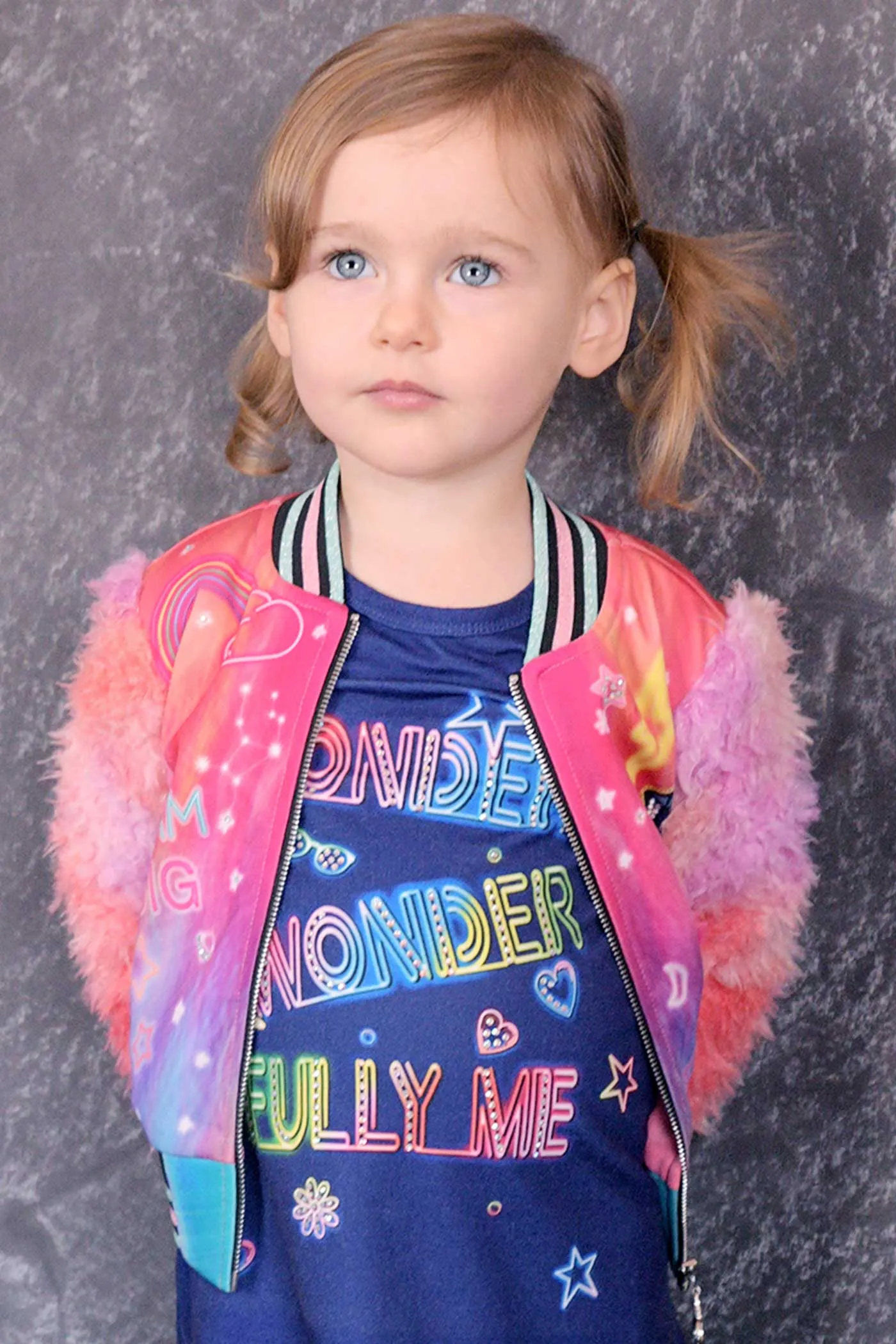 Little Girls All Over Print Fuzzy Sleeve Bomber Jacket