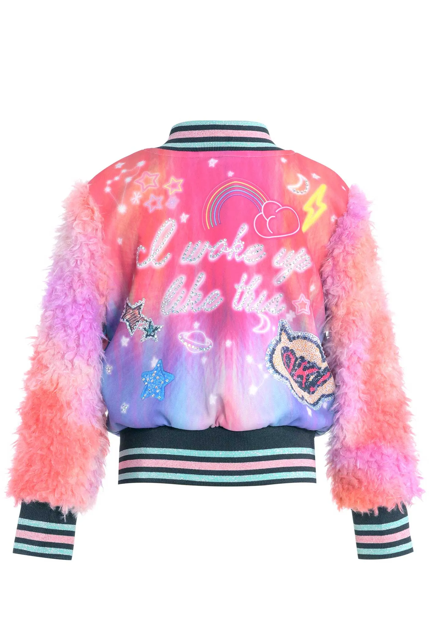 Little Girls All Over Print Fuzzy Sleeve Bomber Jacket