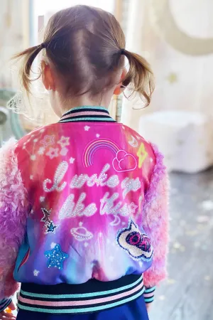 Little Girls All Over Print Fuzzy Sleeve Bomber Jacket