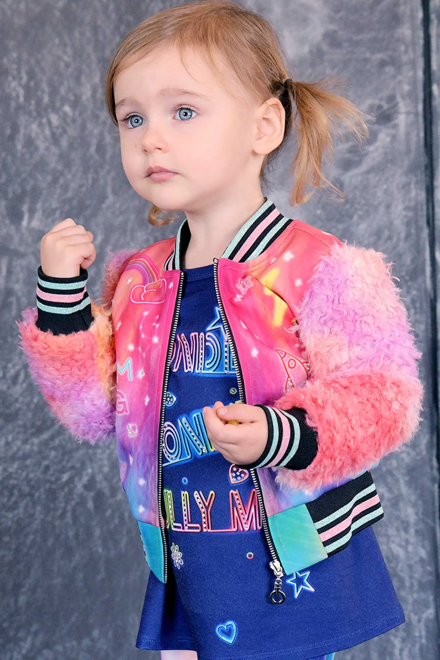 Little Girls All Over Print Fuzzy Sleeve Bomber Jacket