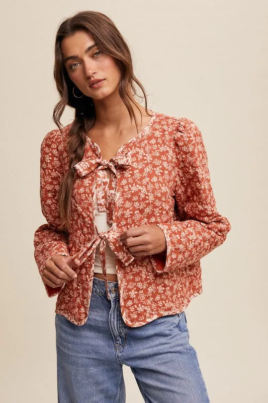 Mae Long Sleeve Bow Tie Floral Print Quilted Jacket Rust