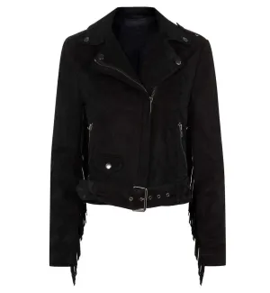 Men Black Belted Zipper Fringe Suede Jacket, Classic Trendy Scooter Fashion Jacket