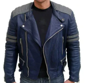 Men Navy Blue Gray Motorbike Leather Jacket, Classic Trendy Scooter Fashion Jacket