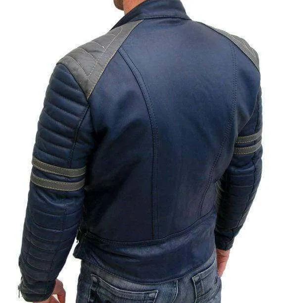 Men Navy Blue Gray Motorbike Leather Jacket, Classic Trendy Scooter Fashion Jacket