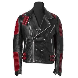 Men Red Black Motorbike Leather Jacket, Classic Trendy Scooter Fashion Jacket