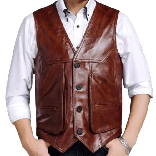 Men's Brown Leather Vest - 100% Genuine Leather Dress Vest