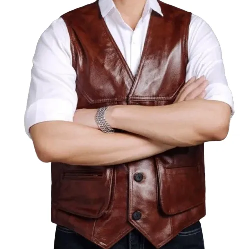 Men's Brown Leather Vest - 100% Genuine Leather Dress Vest