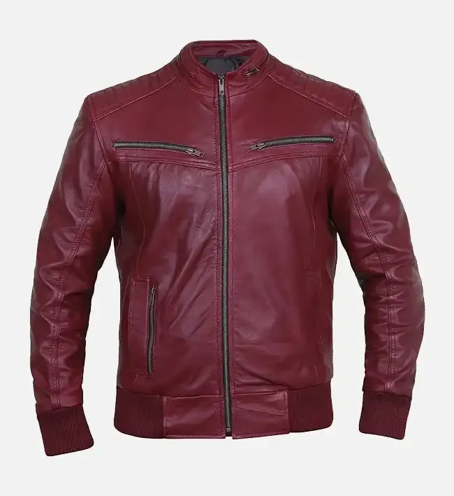 Men's Red Leather Bomber Jacket