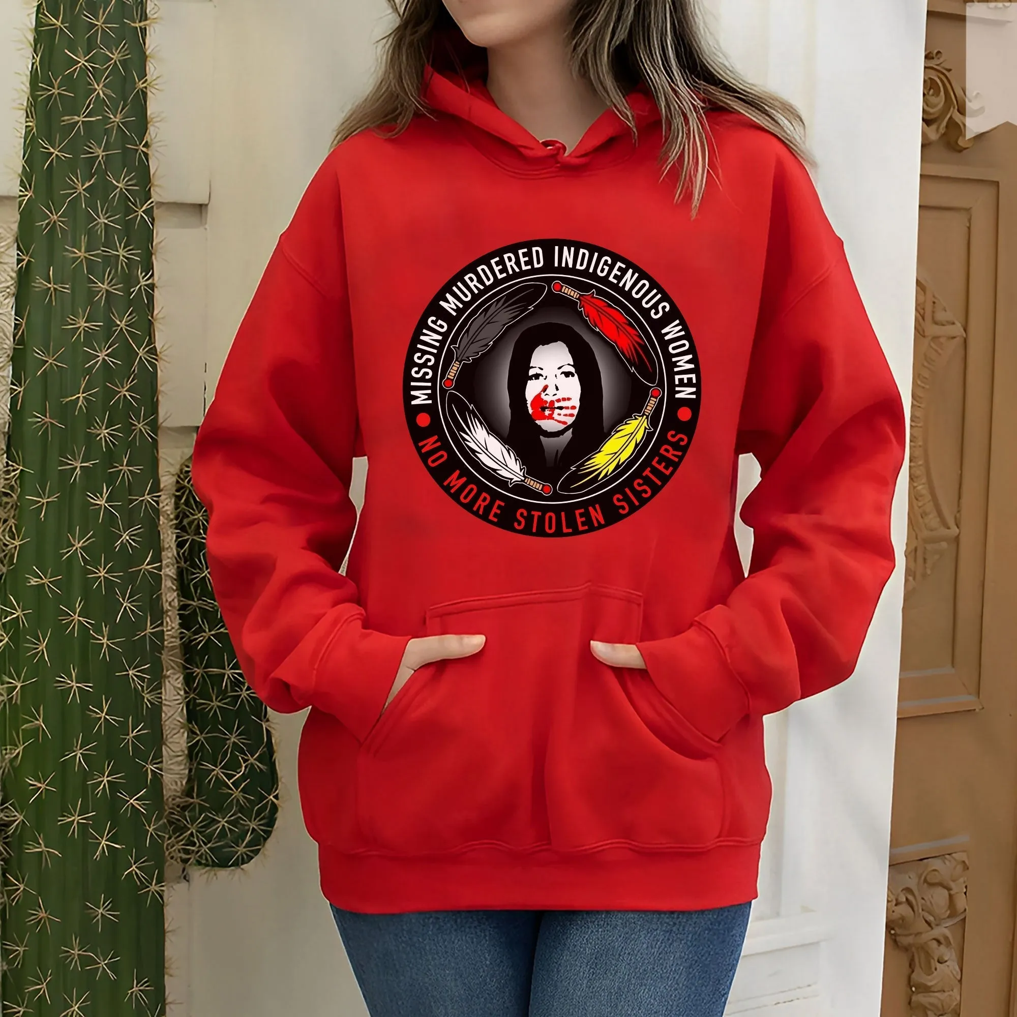 MMIW No More Stolen Sisters Feather Color Red Hand Unisex T-Shirt/Hoodie/Sweatshirt