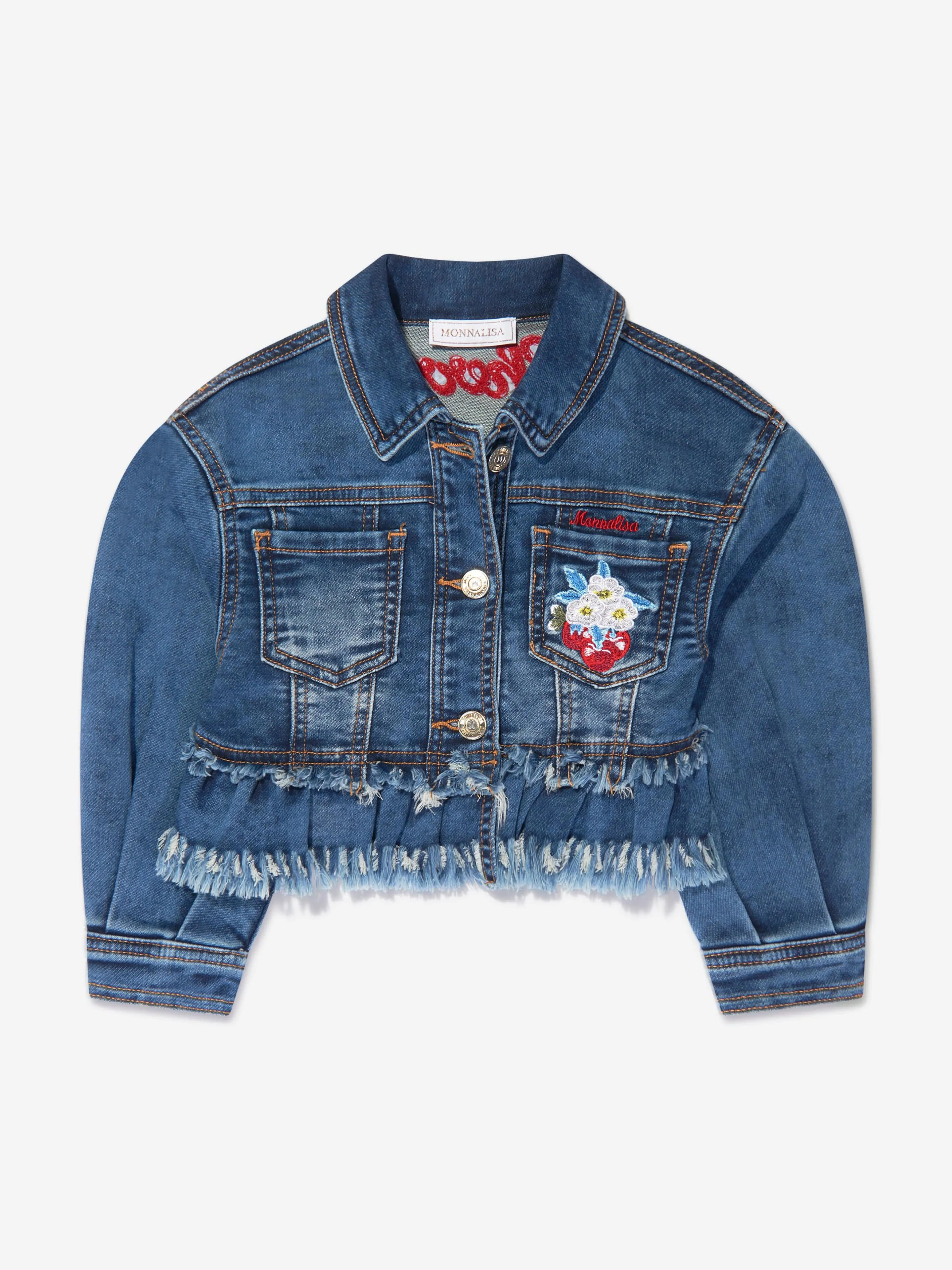 Monnalisa Girls Embroidered Cherries Denim Jacket In Blue